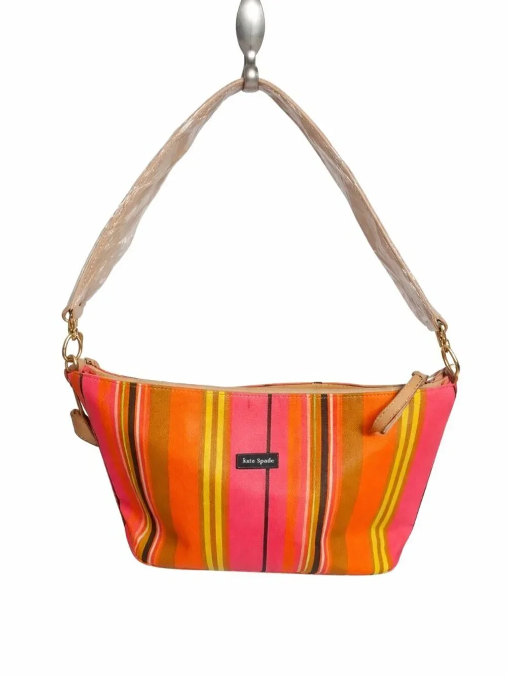 Kate Spade New York Striped Shoulder Bag Pink Orange Canvas Zip Tote